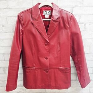 Clio Leather Women Red Leather 3-Button Blazer Jacket Small Vintage Style